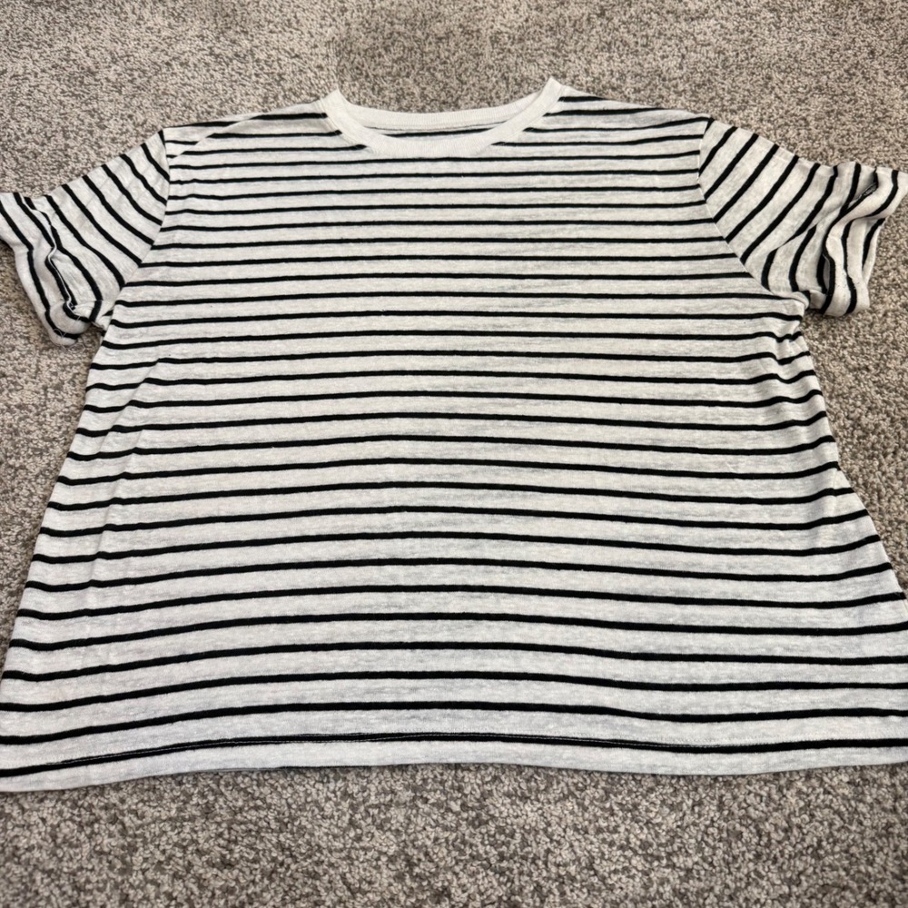 A New Day Womens L Preppy Striped Linen Blend Short Sleeve T-Shirt Black White